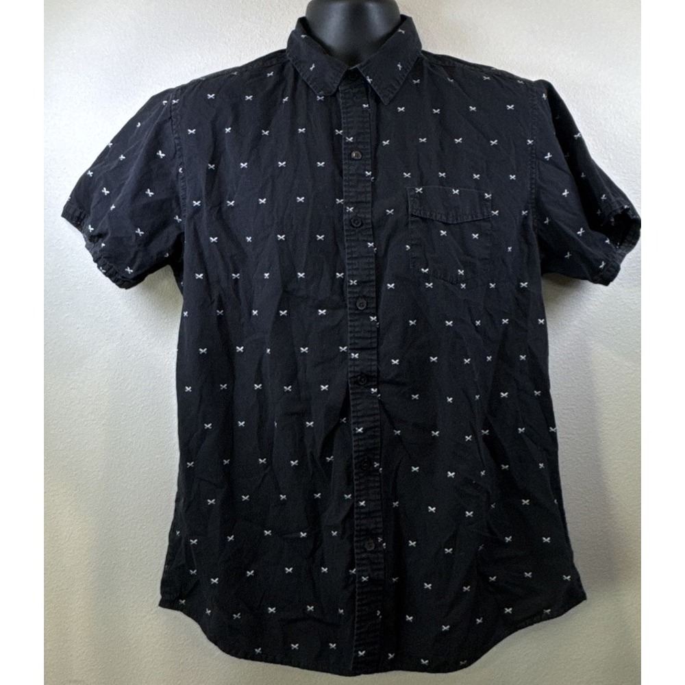 Broken Threads Mens Black Short Sleeve Button Up Shirt Pattern Casual Size XL
